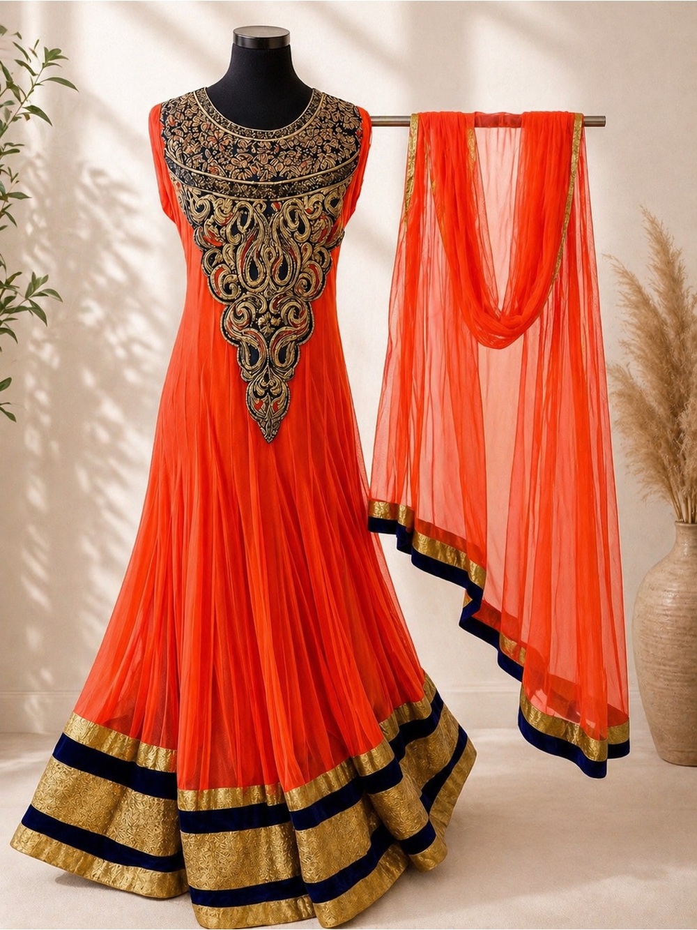 👉 Orange Indian Embellished Maxi Dress w/ Matching Scarf Gold Embroidery Gown L